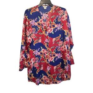 Vintage 90s Floral Paisley Print Button-Up Shirt Bold Red Blue 100% Silk Medium